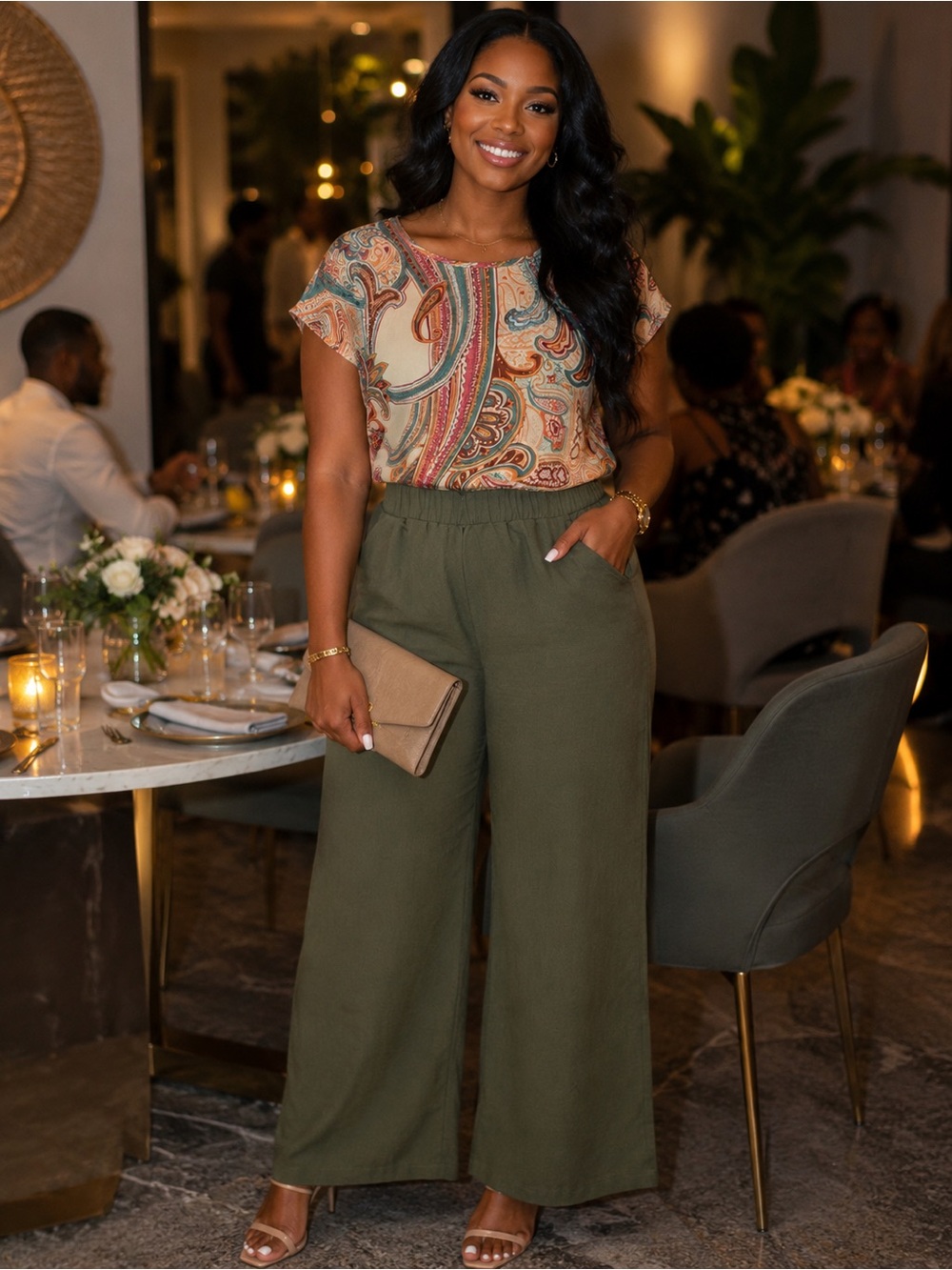 Women's Olive Wide-Leg Pants with Paisley Multicolor Top